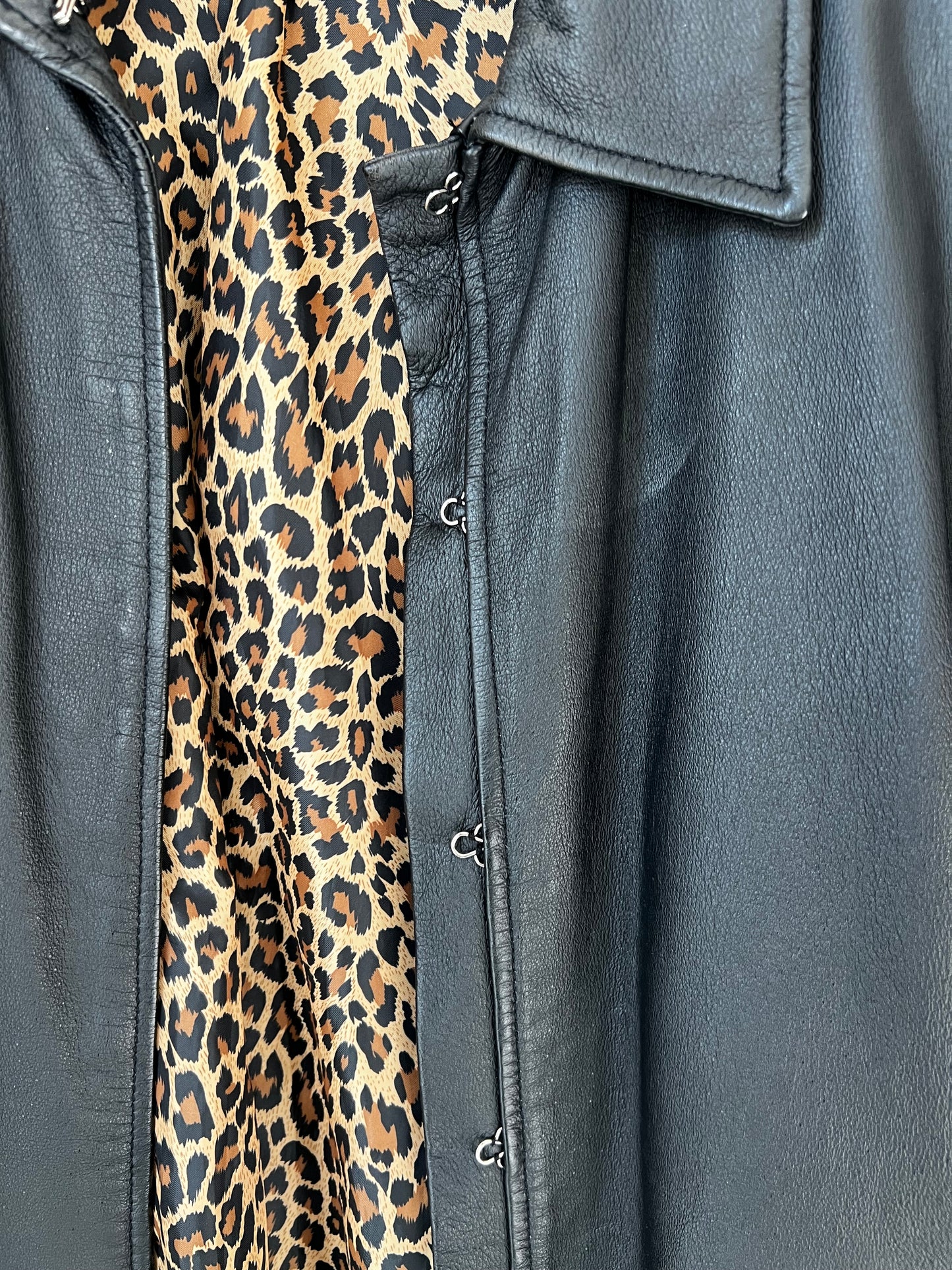 Vintage Leather Trench Coat with Animal Print