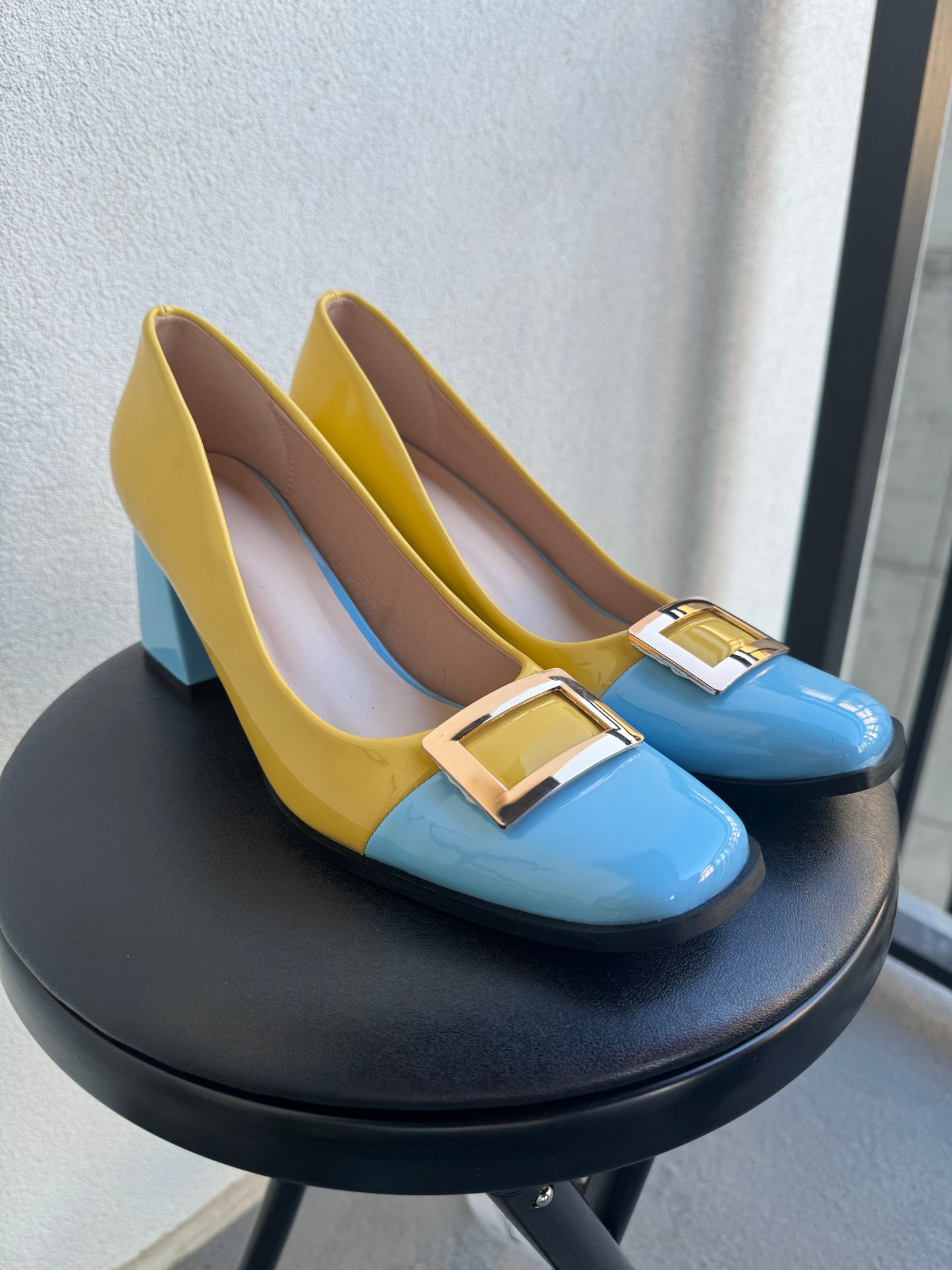 Blue & Yellow Buckle Heels