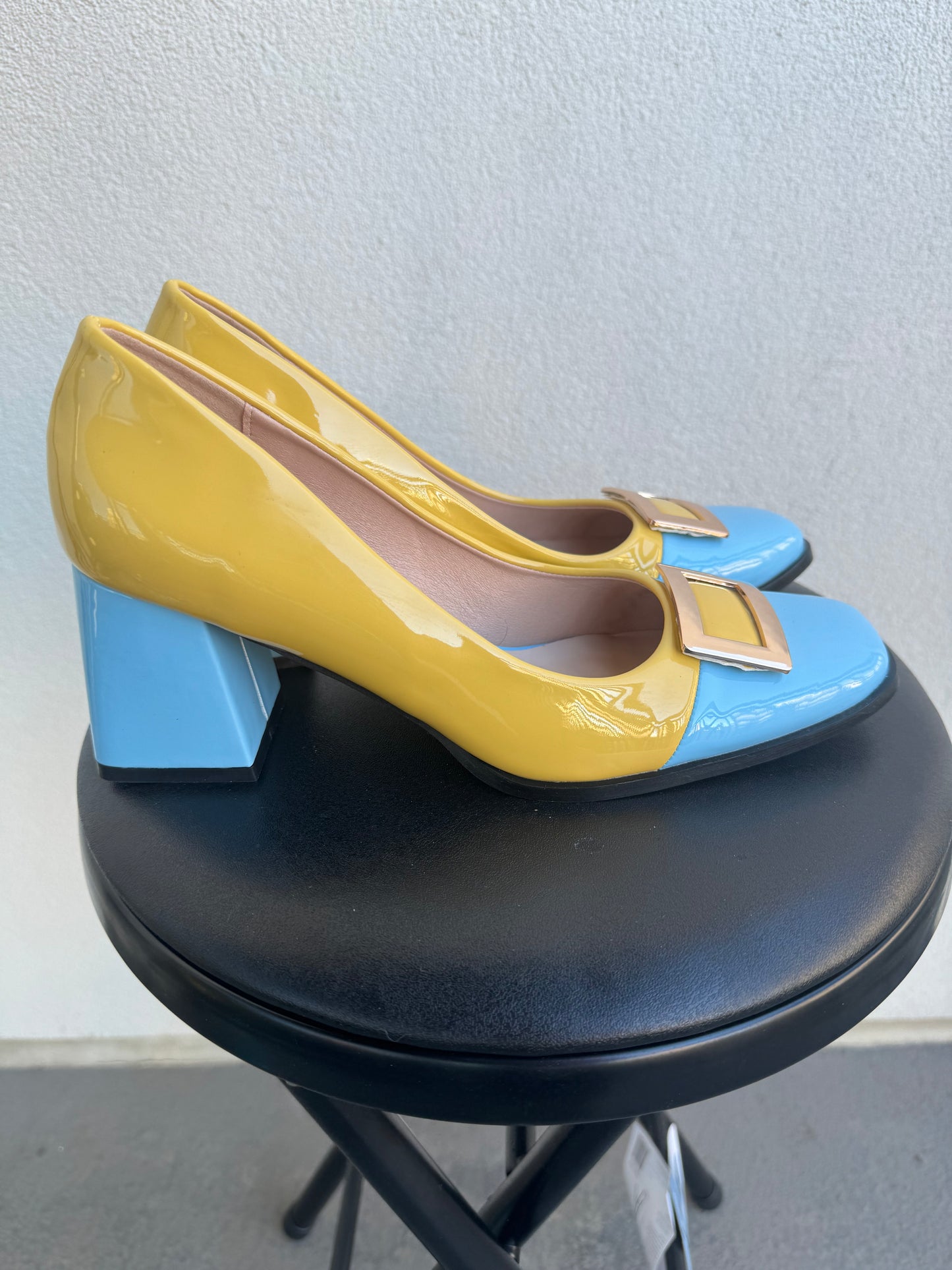 Blue & Yellow Buckle Heels
