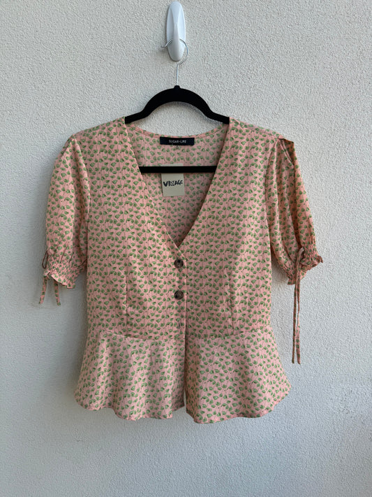 Peach Floral Puff Sleeve Blouse