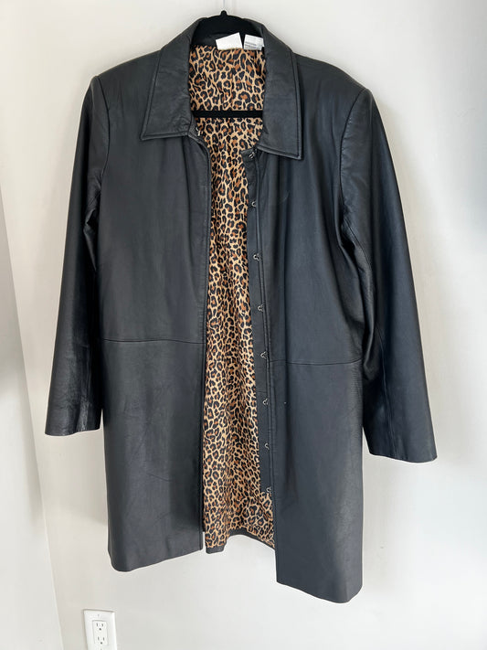 Vintage Leather Trench Coat with Animal Print