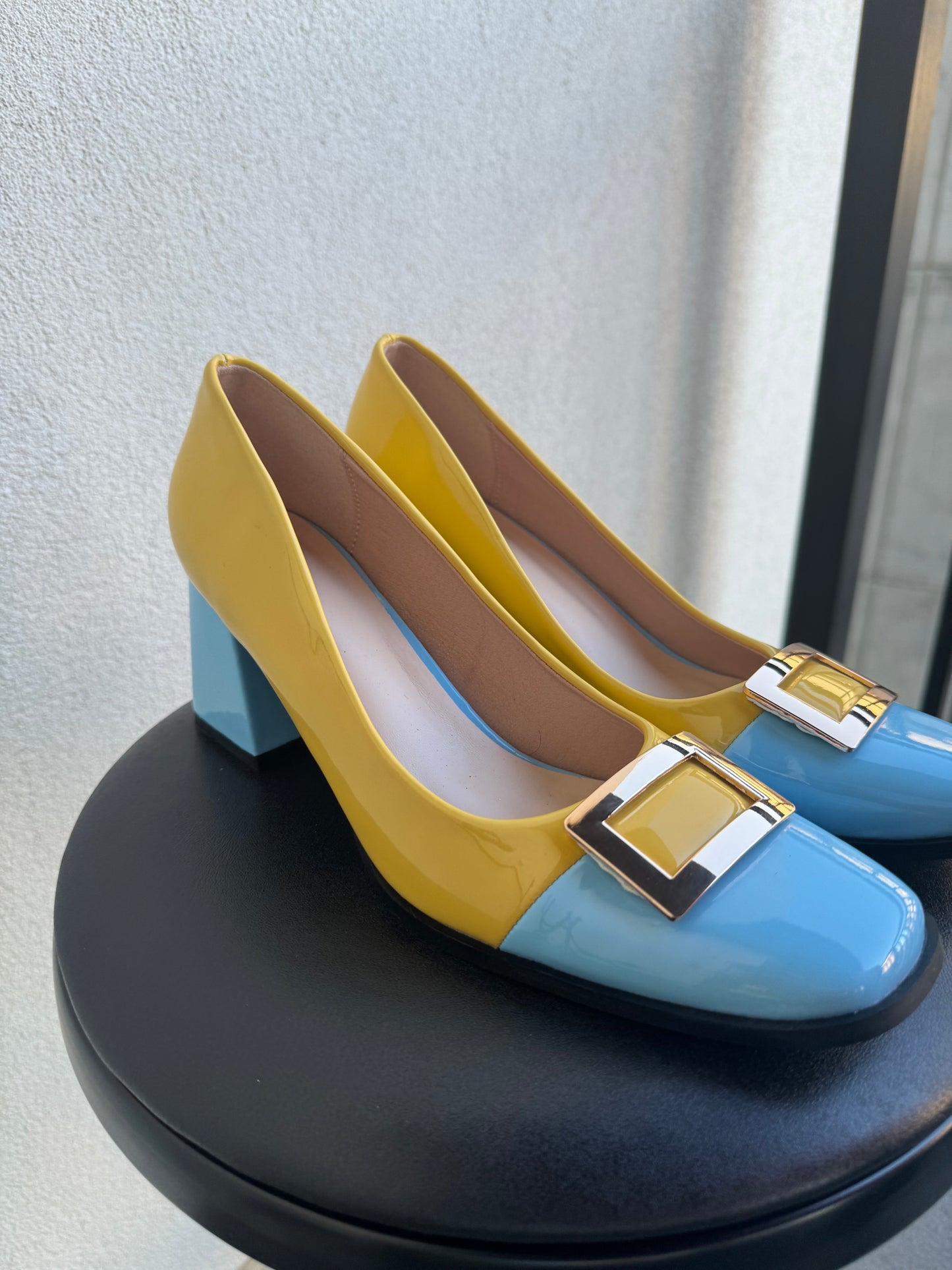 Blue & Yellow Buckle Heels