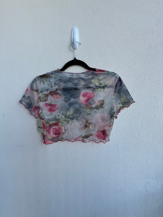 Gray Floral Mesh Crop Top